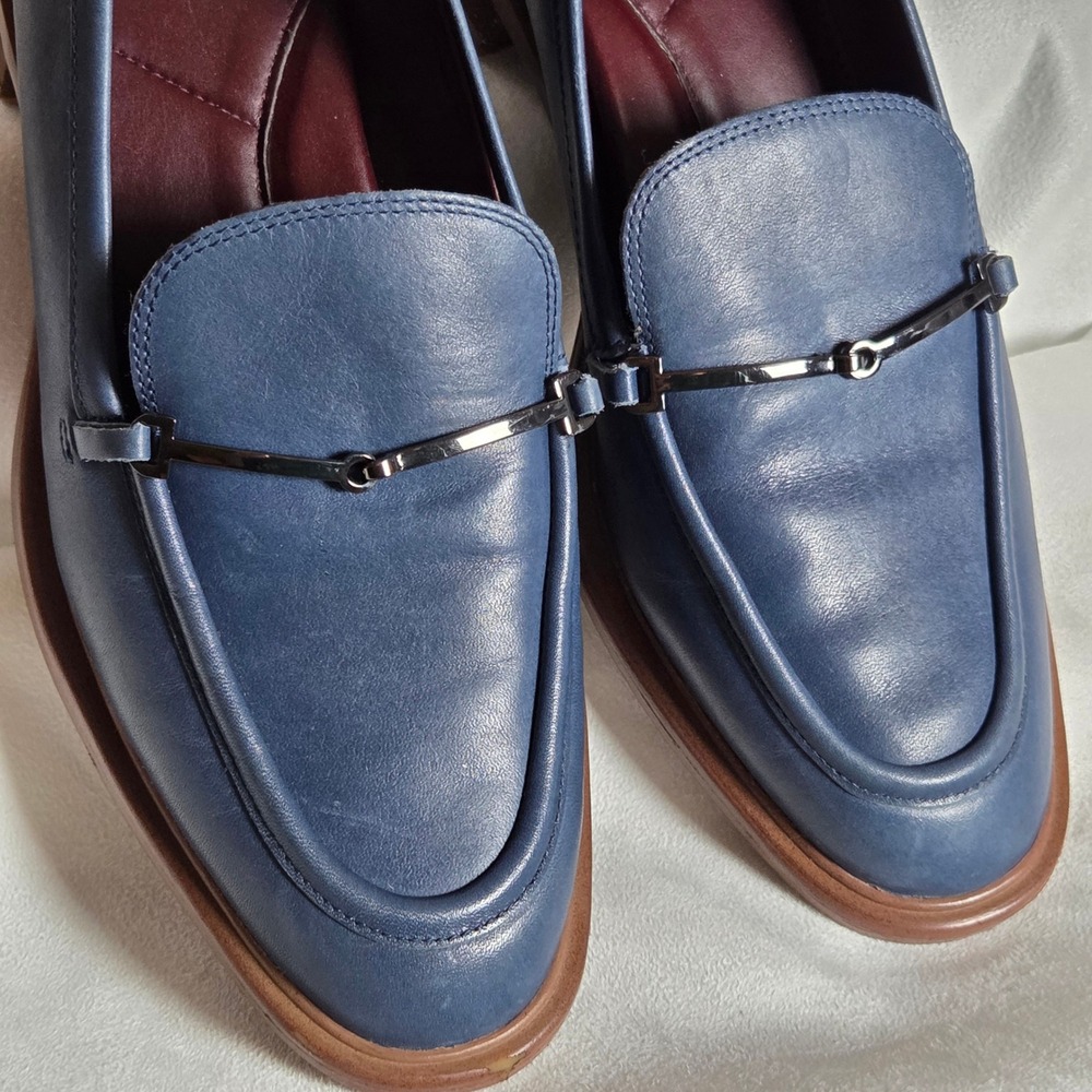 Franco Sarto Navy Blue Womens 8M Leather Loafers Horsebit Preppy Academia - Picture 5 of 9